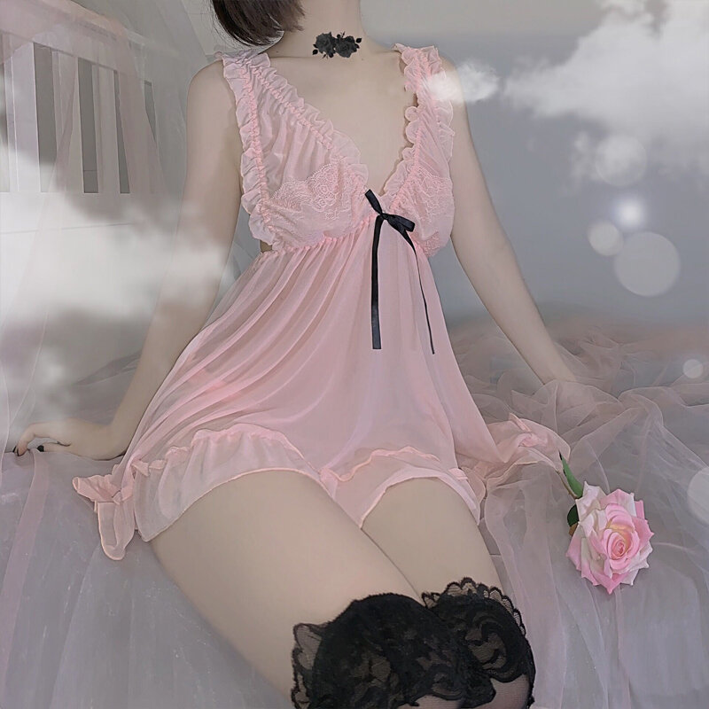 2 ألوان الفرنسية الدانتيل الشيفون المرأة ملابس خاصة الحلو الحمالات حجم كبير Lingere مثير شفافة داخلية فتاة النوم مجموعة