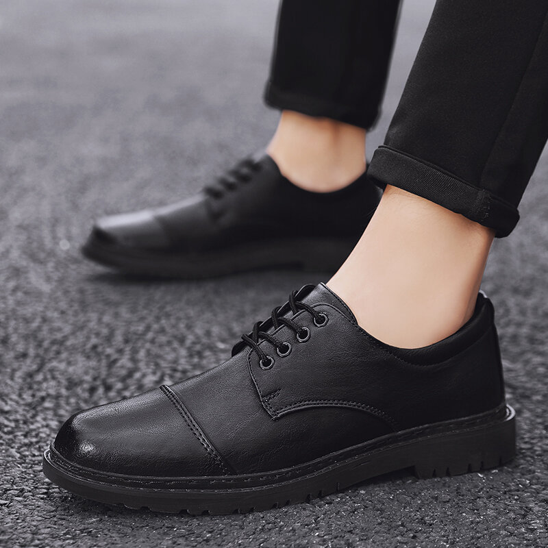 Zapatos de negocios con cordones para hombre, calzado informal de cuero, hecho a mano, transpirable, fondo suave, bajo, negro