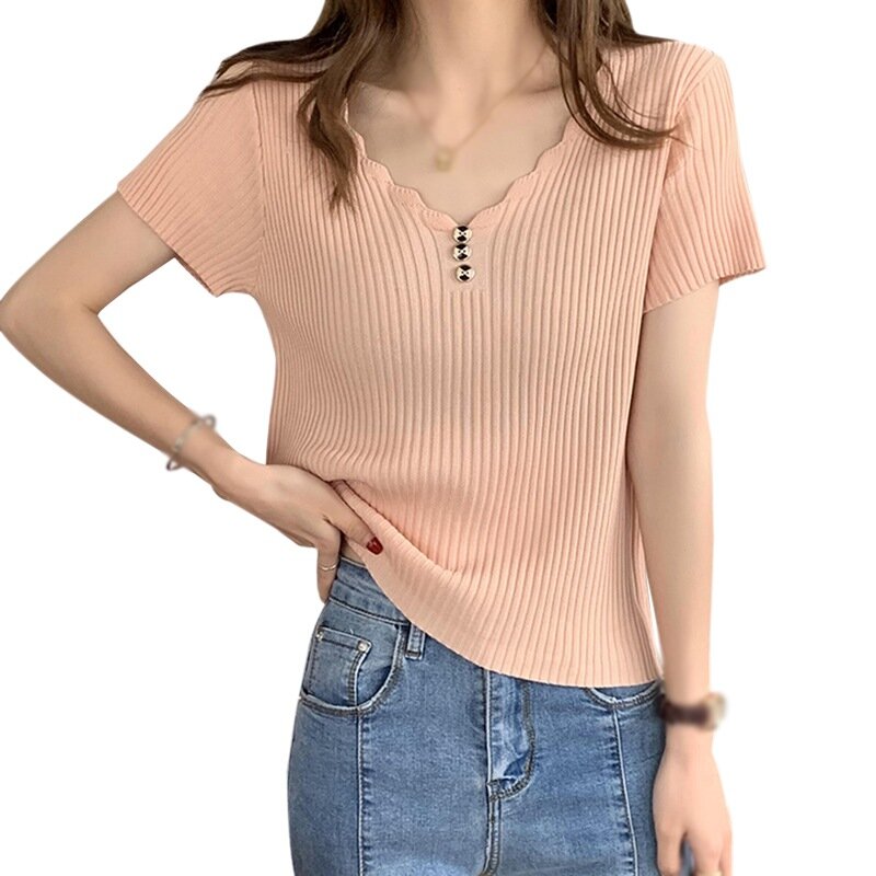 Camiseta feminina com decote em v topo de colheita t-camisa doce manga curta camisas senhoras blusas roupas femininas roupas de verão para mulher