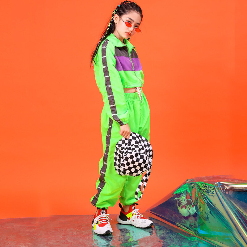 Kinderen Mode Groen Hip Hop Kleding Korte Jas Top Crop Jas Running Casual Broek Voor Meisje Jazz Dans Kostuum Kleding dragen