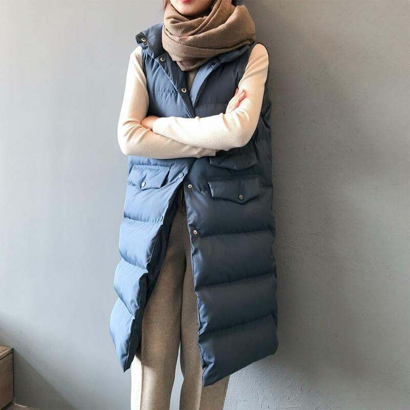 Chaleco largo sin mangas para mujer, chaqueta acolchada de algodón ajustada con cuello levantado, moda coreana, K1336, Invierno