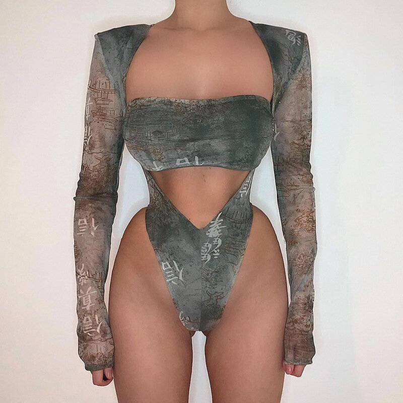Adogirl Y2K Print Two Piece Set Women Sexy Strapless Long Sleeve Bodysuit Top See Through Mesh Pants Skirts Fashion Club Suits