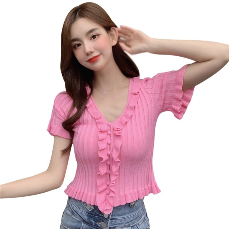 Camiseta feminina de verão, gola v, botões, babados, estilo coreano, seção curta de malha, manga curta, tops, blusa