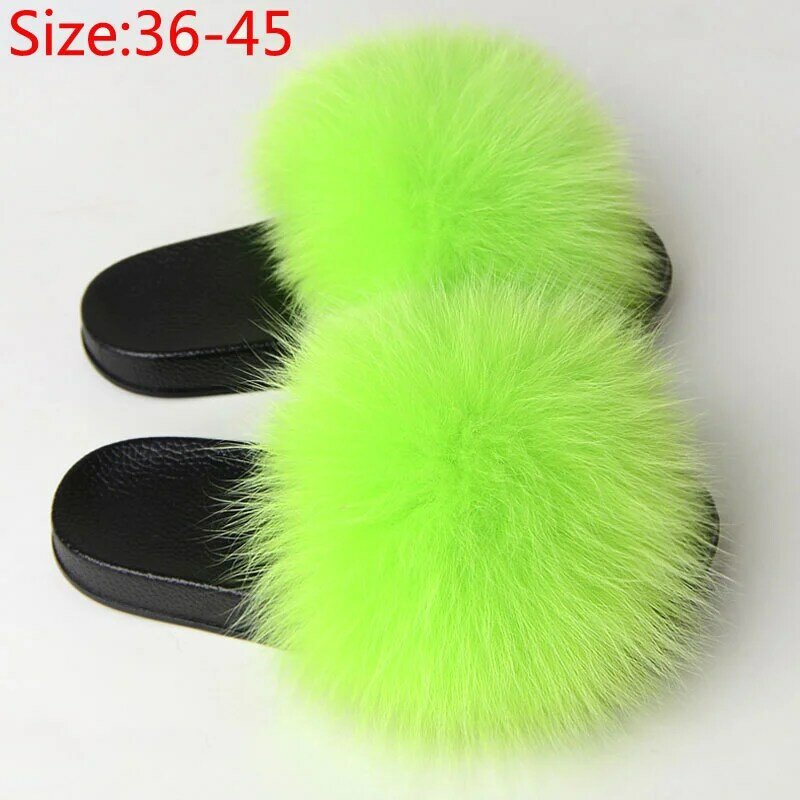 Women Fur Fluffy Flat Slippers Ladies Indoor Slides Furry Plush Fox Hair Female Casual Woman Shoes Fashion Plus Size Summer 2020