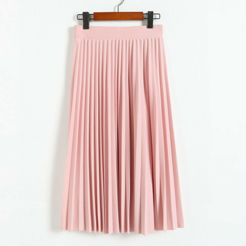 봄과 가을 새로운 패션 여성의 높은 허리 Pleated 솔리드 컬러 하프 길이 탄성 스커트 프로모션 레이디 블랙 핑크