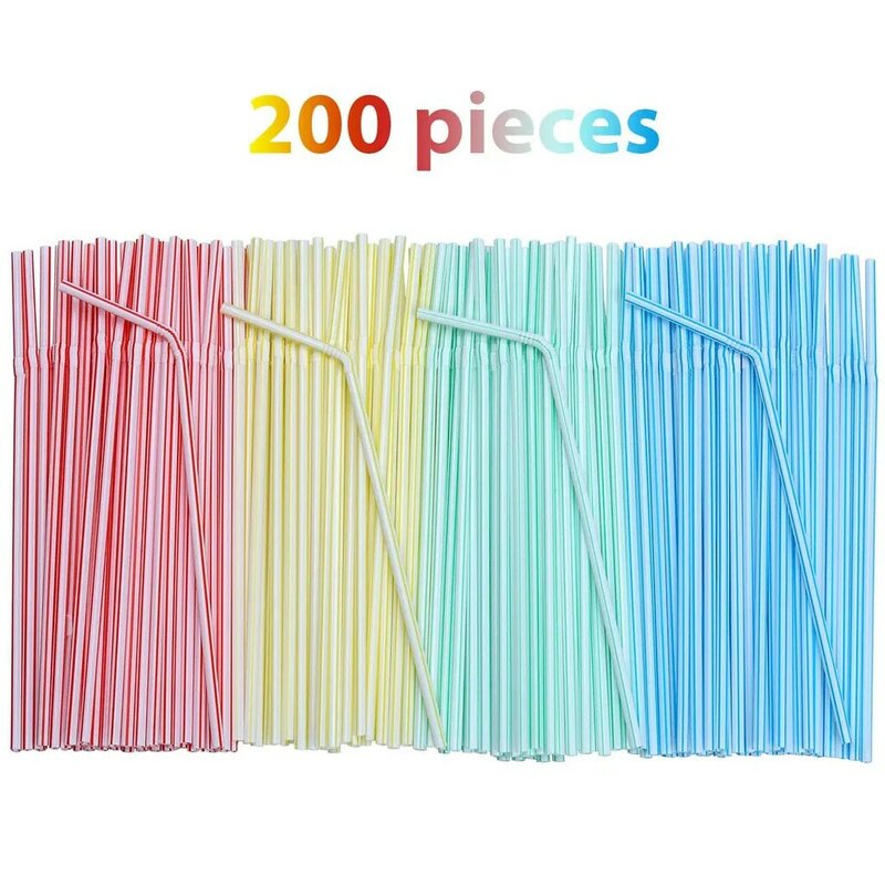 200Pcs หลอดดูดดื่มพลาสติก8นิ้วยาว-สี Bendable ทิ้งหลอด Party หลายสี Rainbow Straw