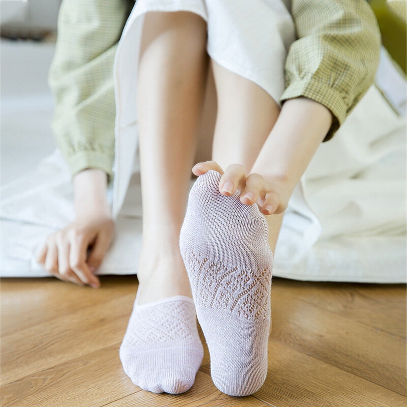 Calcetines invisibles antideslizantes de silicona para mujer, medias tobilleras de malla de Color sólido, de algodón, para verano, 5 par/lote