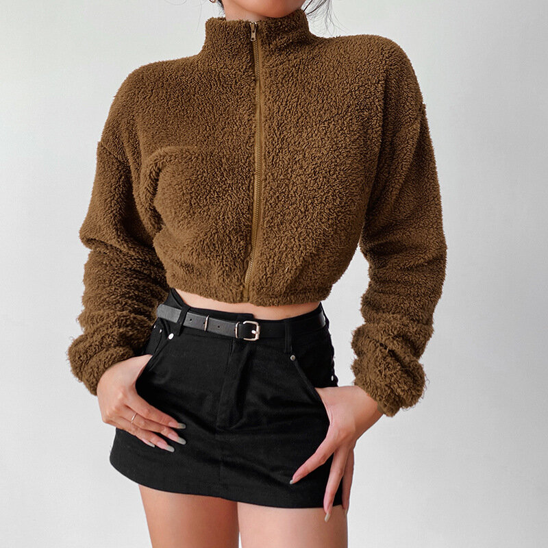 Brangdy-Chaqueta de manga larga para mujer, cárdigan de lana de cordero con cuello alto y cremallera, Color sólido, invierno, 2020