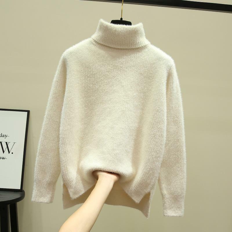 가을 겨울 스웨터 여성 니트 패션 느슨한 캐주얼 두꺼운 스웨터 솔리드 컬러 긴 소매 플러스 크기 따뜻한 숙 녀 풀 오버