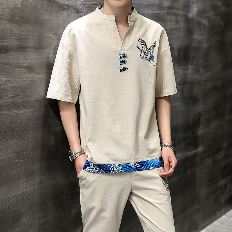 Conjuntos masculinos estilo chinês com bordado guindaste, camisa casual de manga curta, calças com bolsos de cintura elástica, vintage, camisetas soltas