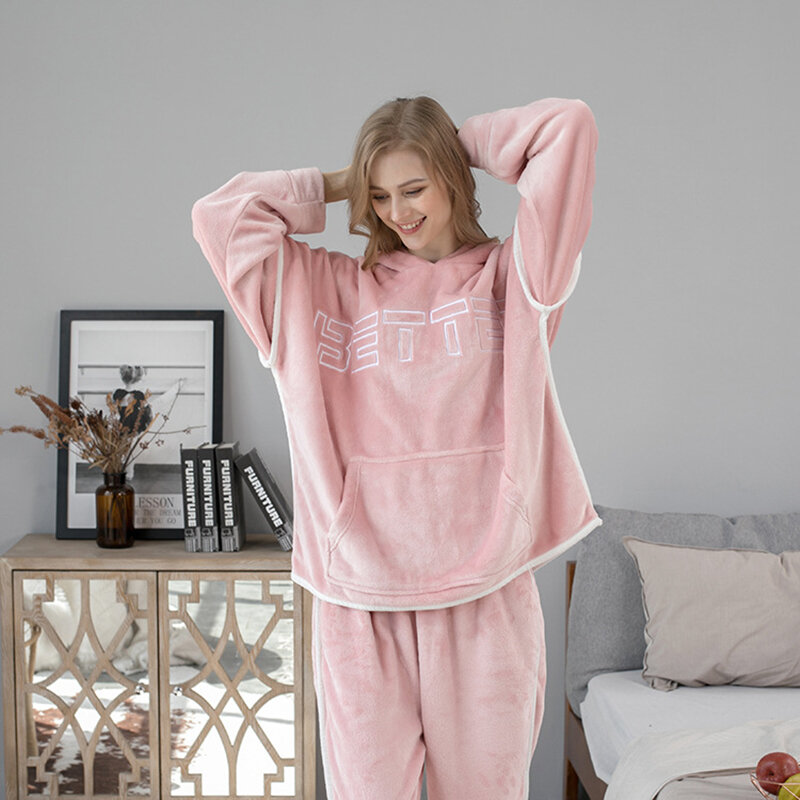 Pijamas de flanela conjunto masculino casual solto inverno casal pijamas terno 2 pçs com calças compridas grosso quente casa roupas de dormir feminino
