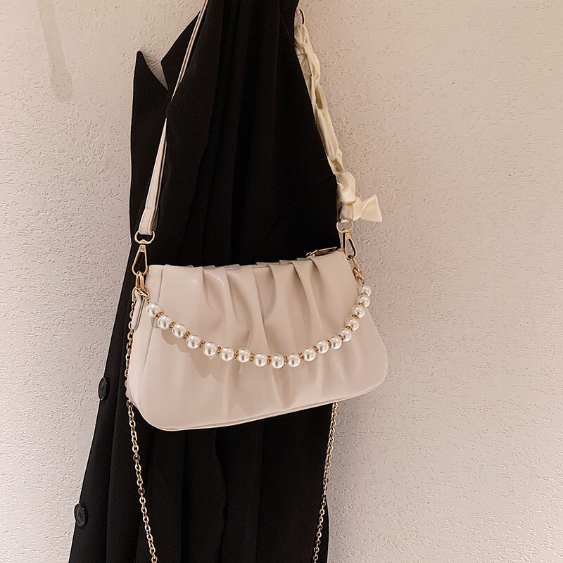 Bolsa nube de cuero suave para mujer, bolso cruzado con cadena de perlas, bolso de lujo, bolso de hombro individual, pinza para masa, bolso para axila