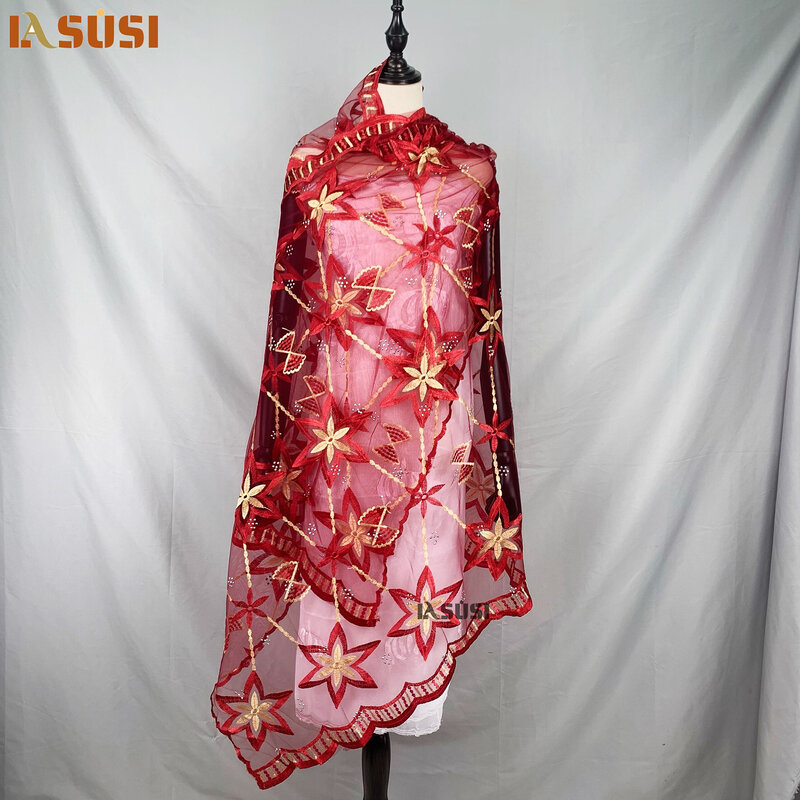 Bufanda de tul de alta calidad para mujer, pañuelo de red suave con bordado liso con piedras, para la cabeza, LA115