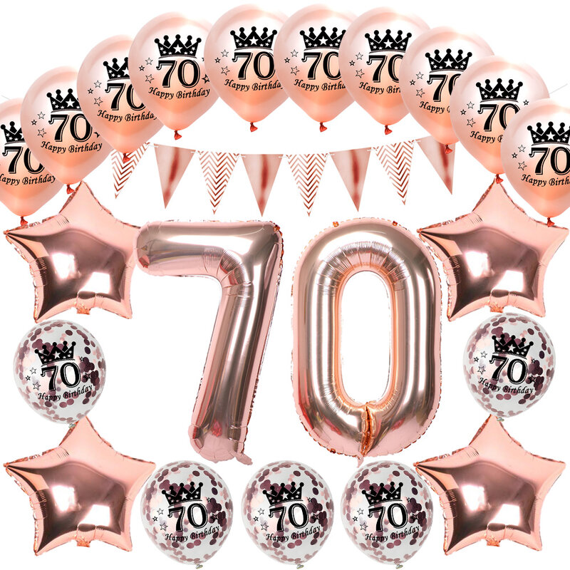 Amawill – Kit de décoration Happy 70, ensemble de ballons à hélium en aluminium or Rose, numéro 70e anniversaire