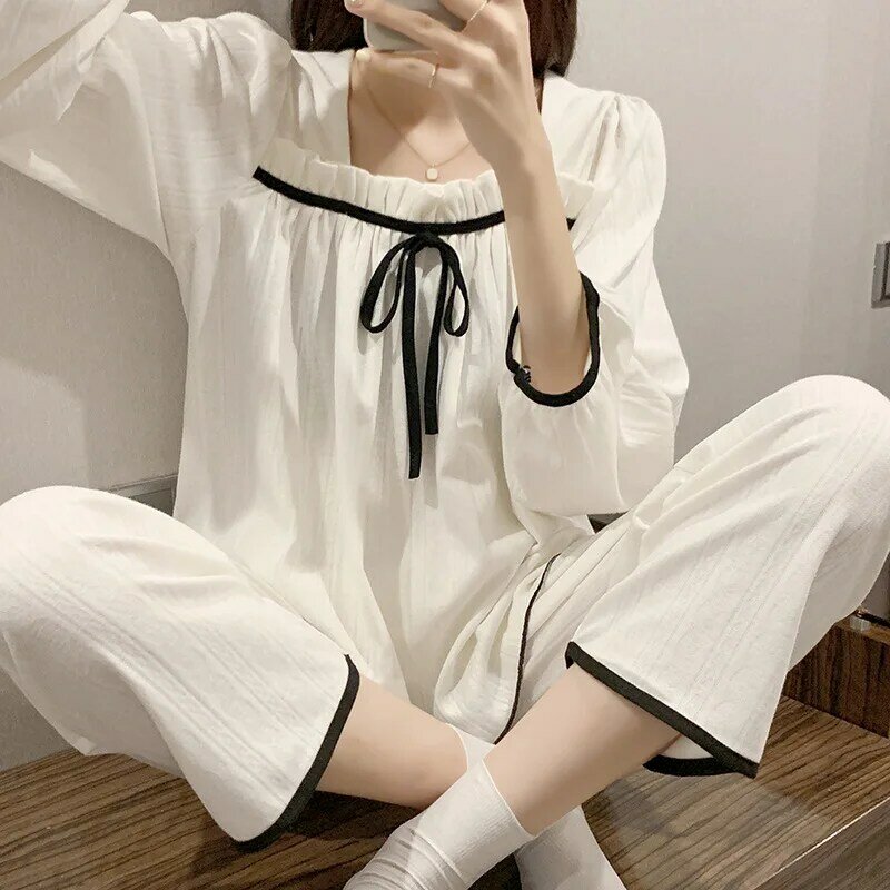 French Court Womens Pajamas Autumn Long Sleeve Trouser Suits Lace Princess White Home Clothes Thin 2-piece Suit Sexy Sleepwear