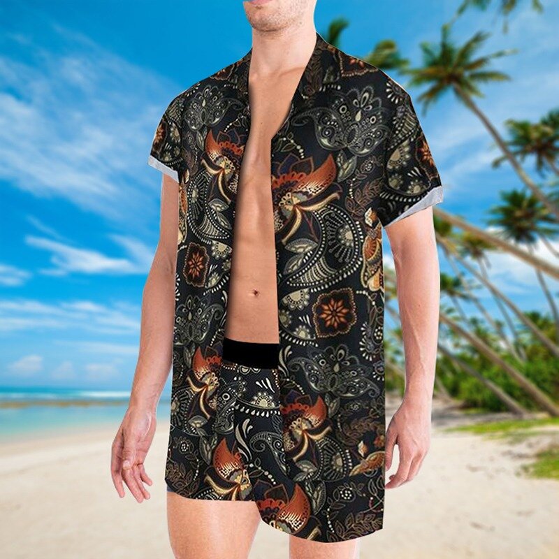 男性ハワイセット2021夏印刷半袖ボタンシャツ + ビーチショーツ砂浜ツーピースカジュアルメンズスーツ
