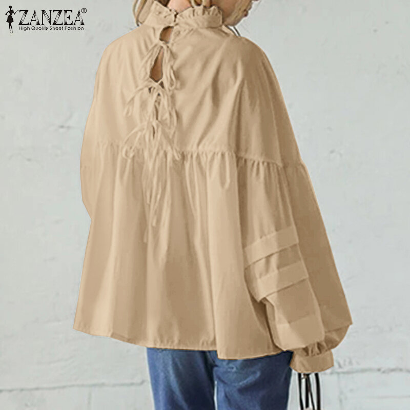 ZANZEA – chemises à manches longues bouffantes pour femmes, chemisiers féminins élégants, Patchwork, hauts décontractés, poupée à col rond, à la mode, 2022