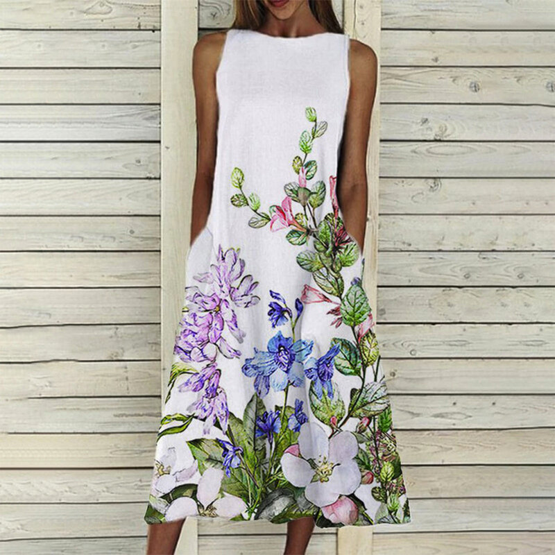 Vintage floral impressão tanque vestido feminino solto sem mangas bolso longo vestido de verão 2021 o-pescoço retro maxi vestidos para mulher
