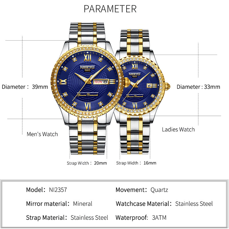 NIBOSI zegarek dla pary kobiety mężczyźni luksusowy kryształ zegarki kwarcowe miłośników zegar tydzień data złoty Montre Femme Relogio Feminino