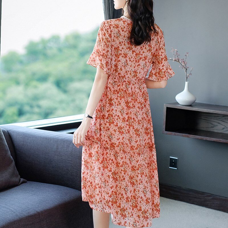 YG marka damska 2021 wiosenna i letnia nowa drukowana sukienka jedwabna rozpuszczalna w wodzie dekoracja dekolt elegancki temperament trąbka sleev