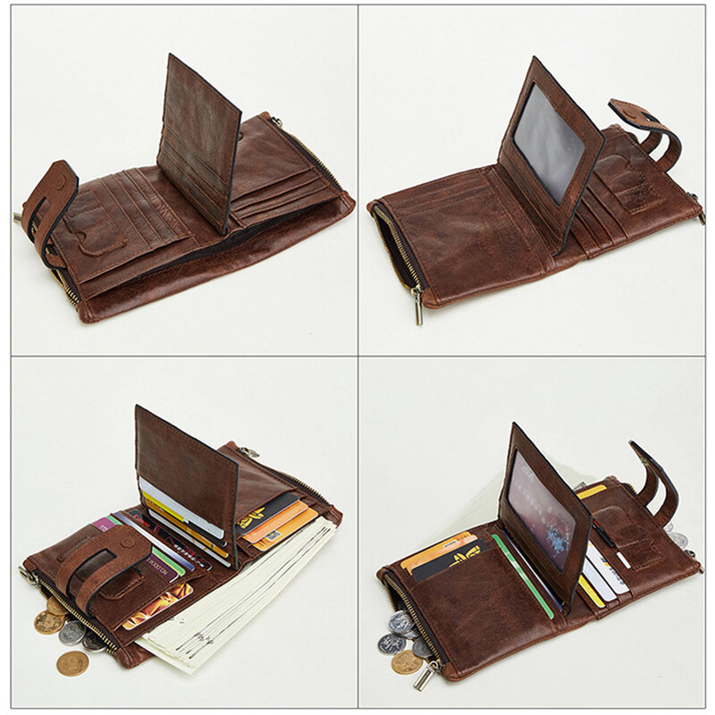 Rocznika prawdziwej skóry portfel męski mężczyzna mody podwójny zamek błyskawiczny krótki monety kiesy na kartę kredytowa, dowód osobisty portfel wielofunkcyjny małe portfele