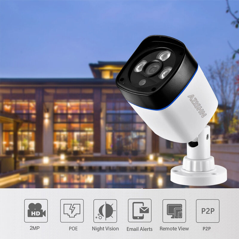 AZISHN-Videovigilancia de red, dispositivo de seguridad impermeable al aire libre, visión nocturna, 2MP, cámara IP CCTV, H.265, 48V, POE opcional, 1080P