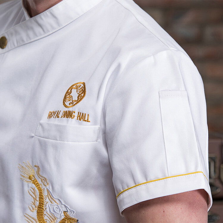 Unisex ห้องครัว Chef Uniform เสื้อแจ็คเก็ตทำงานเสื้อผ้าขายส่งสีขาว Single-Breasted สั้นแขน