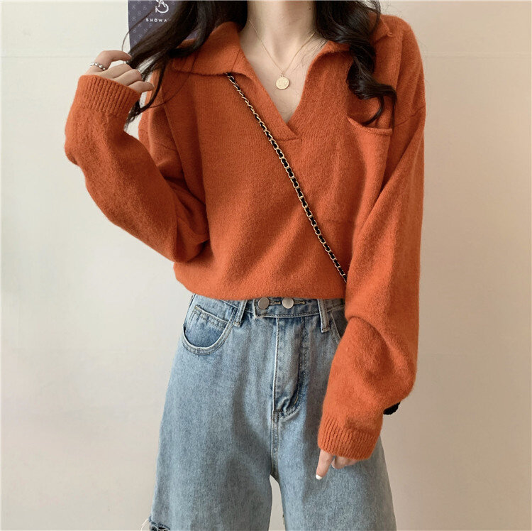 V-neck Sweater Oversized Pullovers Women's Early Autumn 2021 New Chic Small Loose and Lazy Wind Wearing Sweater Long Sleeve Top