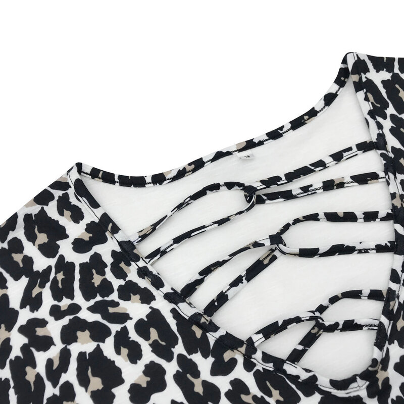 Mode 2021 Kaus Gambar Macan Tutul Kaus Longgar Kasual Wanita Kerah V Tambal Sulam Atasan Wanita Musim Semi Musim Gugur Lengan Panjang Pullover