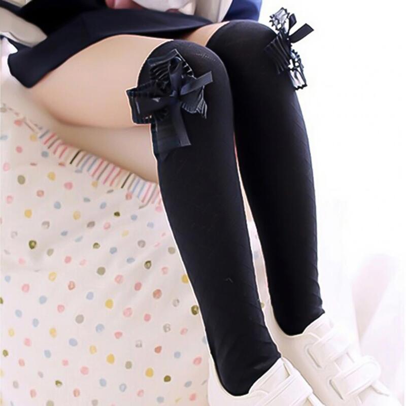 New In 2021 Long Socks Bowknot Decor Beautiful Cotton Solid Color High Knee Stocking for Spring