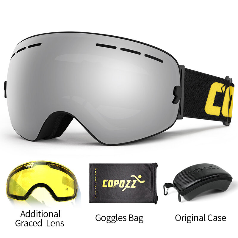 COPOZZ 스키 고글 케이스 & 옐로우 렌즈 UV400 안티-안개 구형 스키 안경 스키 남성 여성 스노우 고글 + 렌즈 + 박스 세트