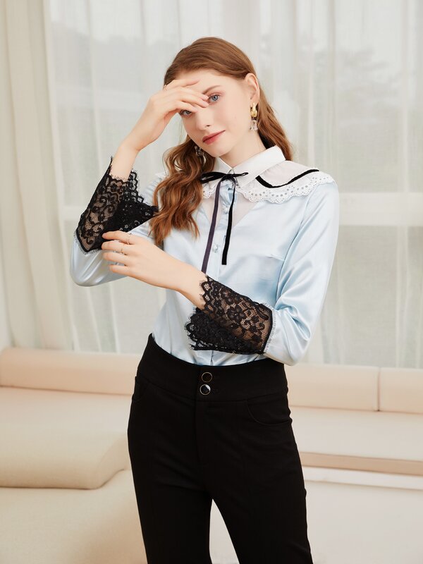 2021 New Ladies' fashion Ruffle shirt bowknot women's chiffon shirt lace trumpet sleeve top