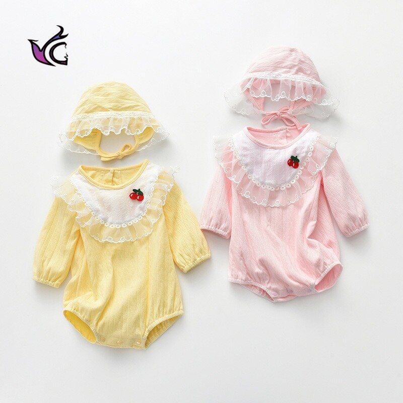 Roupas infantis 2021 primavera e outono roupas de uma peça do bebê sakura rendas bebê com capuz triângulo chapéu roupas de bebê
