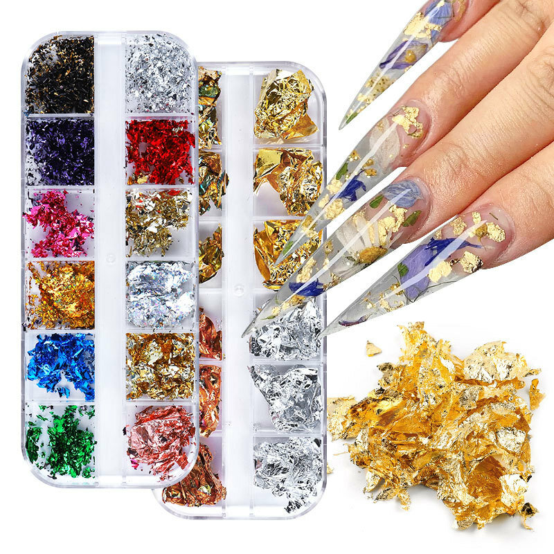 Lentejuelas de aluminio para uñas, 12 rejillas, copos irregulares, pigmento dorado, decoración de Arte de uñas, papel de purpurina de espejo