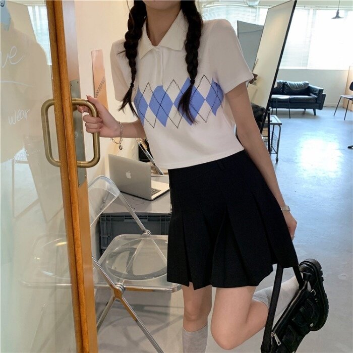 Blusa faculdade com gola de polo, camiseta de manga curta feminina de verão