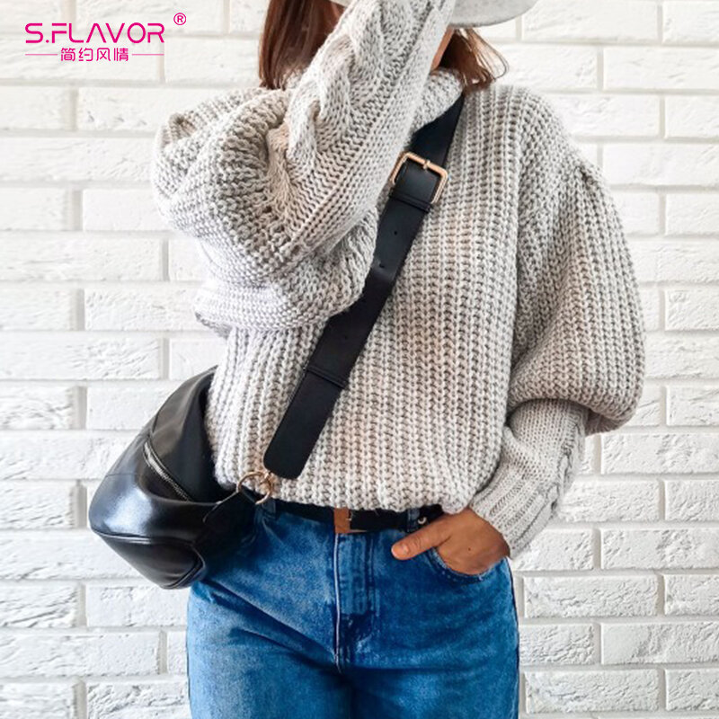 S.FLAVOR Spring Autumn Sweater Pullovers Women 2022 Loose Turtleneck Knitted Sweater Solid Color Long Sleeve Casual Jumper
