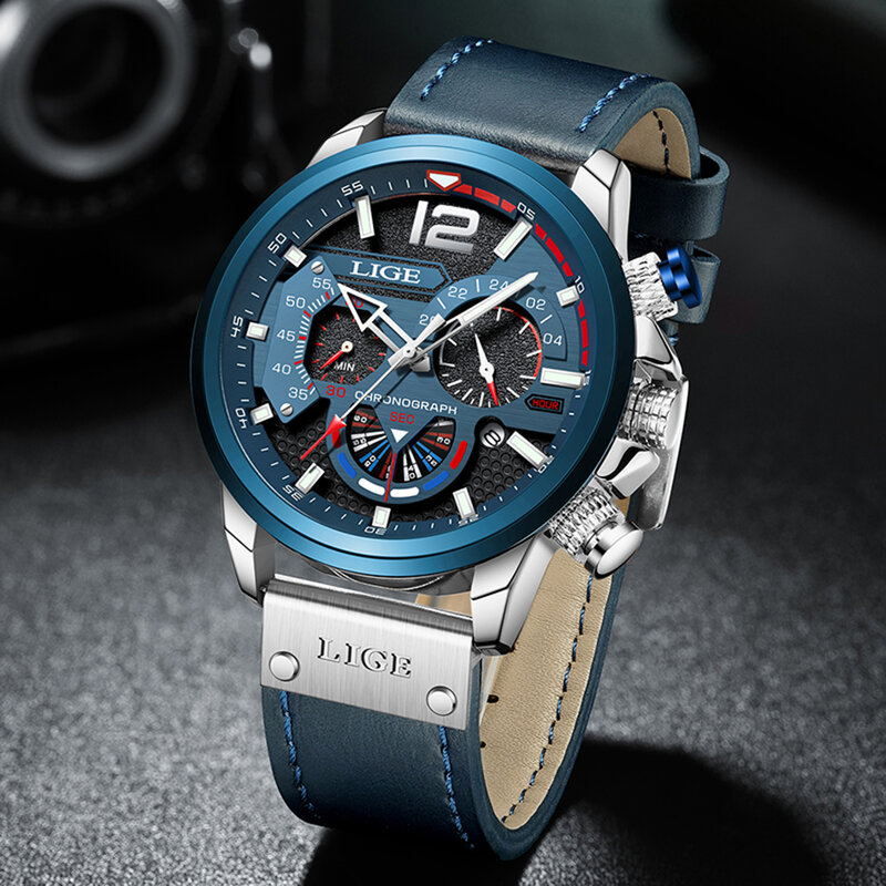 LIGE-reloj analógico con correa de cuero para hombre, nuevo accesorio de pulsera resistente al agua con cronógrafo, complemento masculino deportivo de marca de lujo con diseño militar, disponible en color azul, 2022