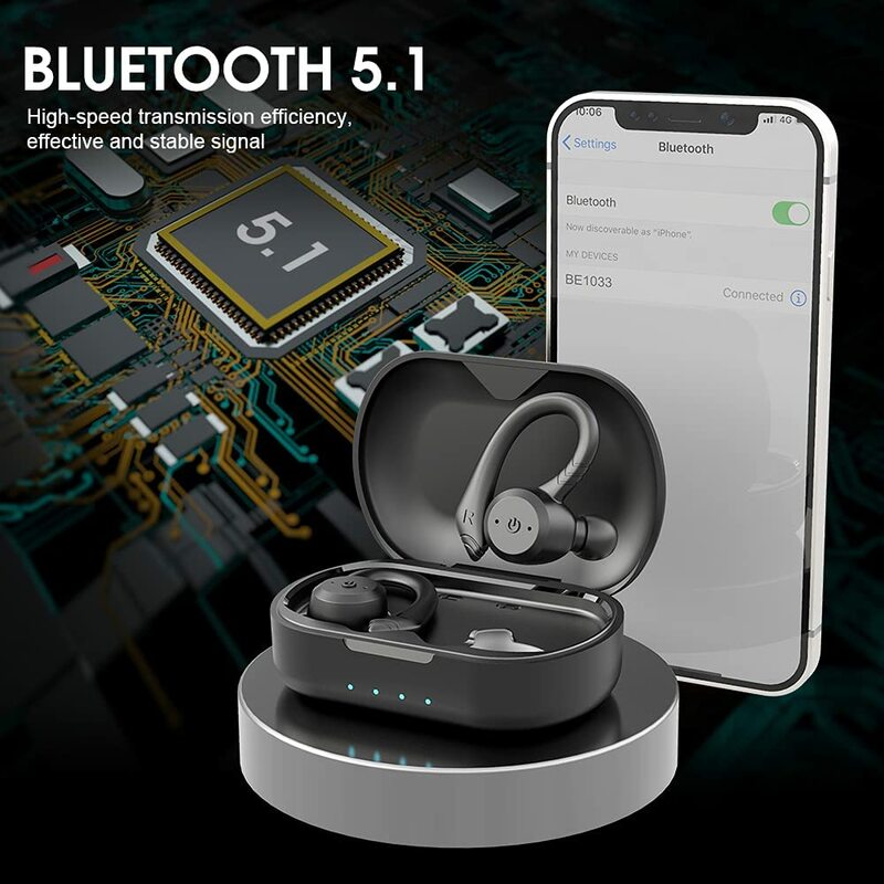 ワイヤレスイヤフォン、coucur bluetooth 5.1スポーツ耳取り外し可能なearhooks、没入型のbluetoothイヤ
