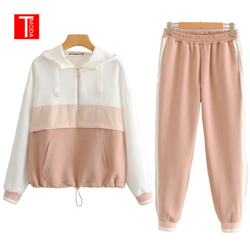 2021 Set Female Vintage Contrast Color Baseball Bomber Pullover Jacket Women Tops and Pencil Jogging Pants Suits Two Piece Sets