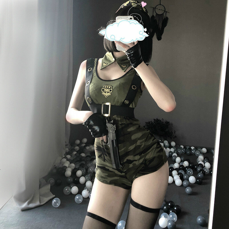 Kostum Tentara Anak Perempuan Keren Mainan Peran Wanita Lingerie Seksi Gaun Pesta Halloween Instruktur Militer Seragam Cosplay E6V