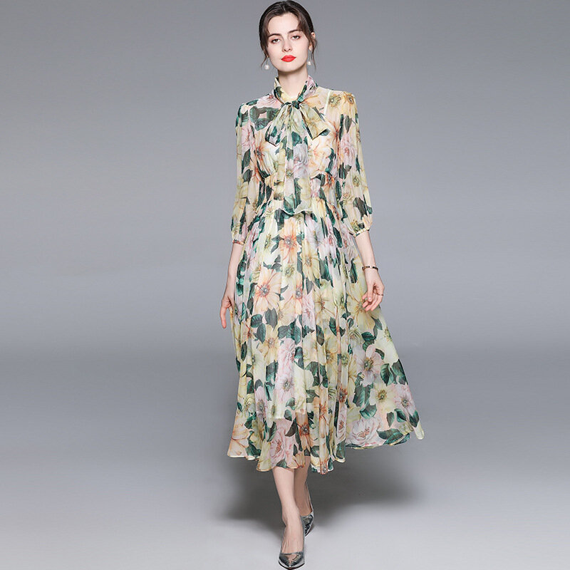 Yg brand women's 2021 summer new yellow camellia print slim holiday elegant long Chiffon Dress