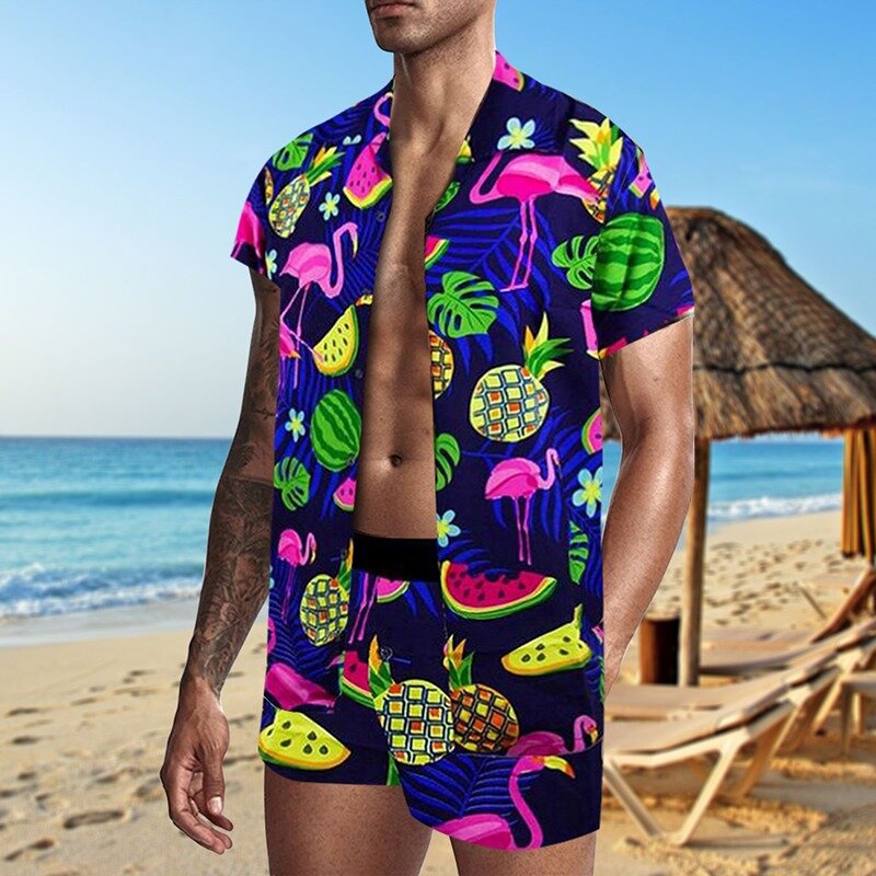 を2021夏の男性セットストリート印刷半袖ビーチ男性シャツハワイボタンカジュアルトラックスーツツーピースの衣装