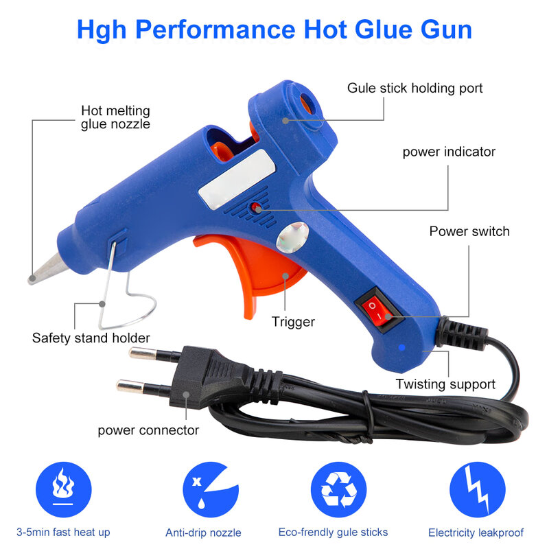 NEW 100-220V High Temp Heater Melt Hot Glue Gun 20W Repair Tool Heat Gun Blue Mini Gun with Trigger