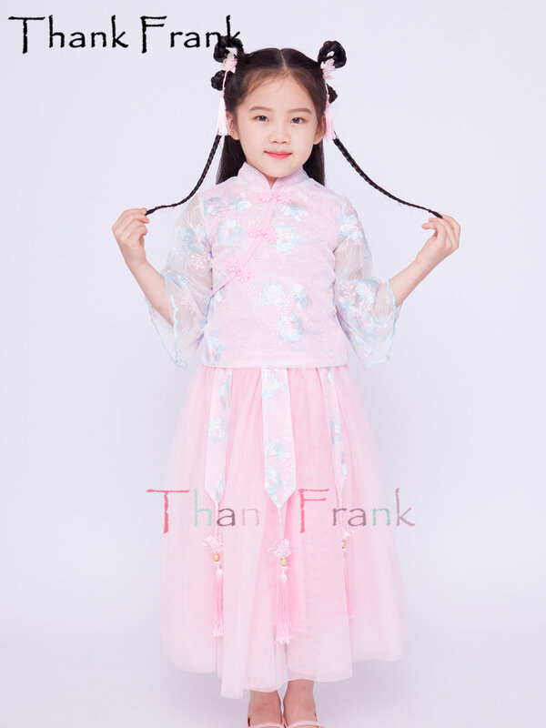 Nieuwe Roze Hanfu Kostuum Meisjes 2-Delige Set Tang Fee Jurk Kids Korte Mouw Chinese Folk Jurken Kind Rave dans Kostuums C734