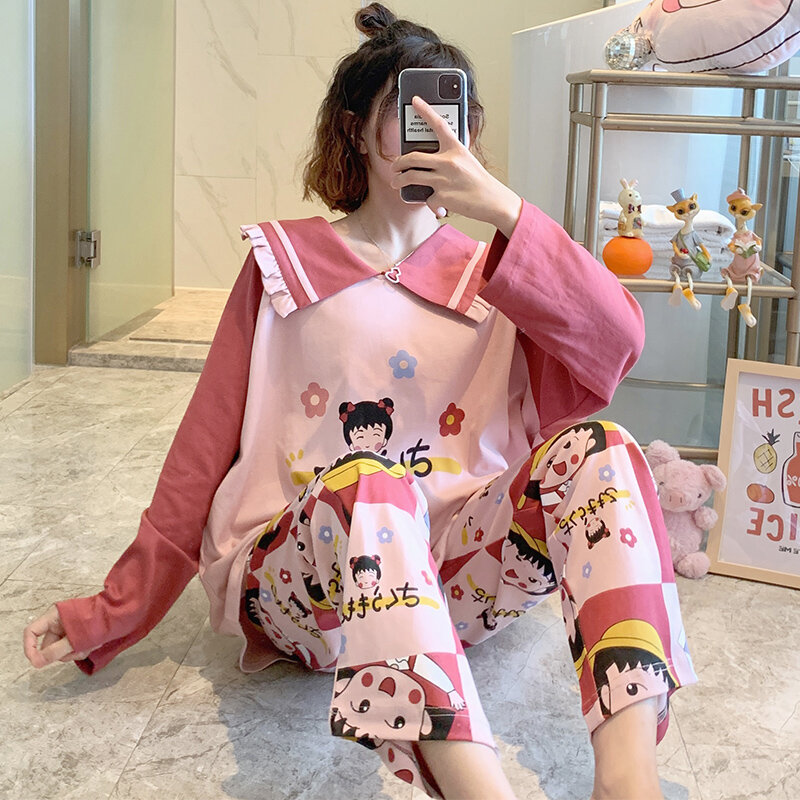 Pijama feminino primavera e outono bonito chibi maruko chan 2020 novo estilo mangas compridas puro algodão terno de duas peças plus-sized