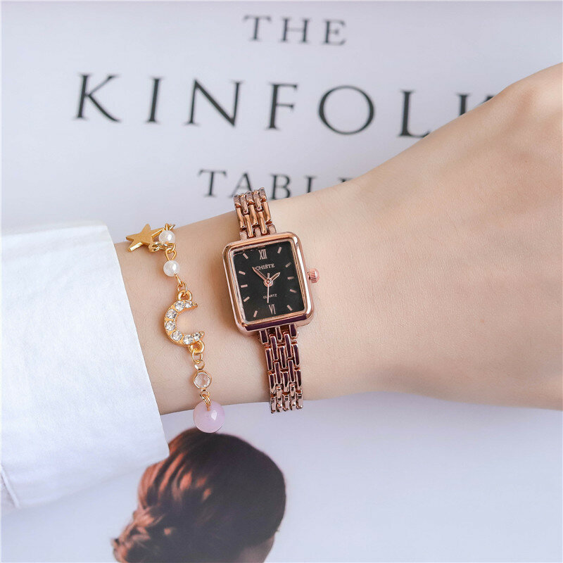 Moda feminina retângulo relógios rosa pulseira de liga ouro luxo senhoras quartzo relógios de pulso qualidades feminino relógio verde w9889