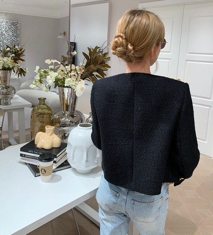 2021 Small Fragrance Women Black Tweed Outerwear Autumn Winter Golden Button Blends Wool Female Long Sleeve Jacket Coat