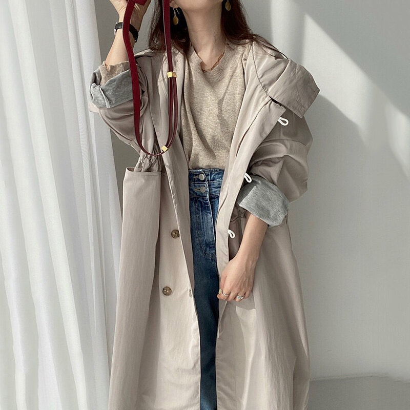 Coreano trench coat blusão chique personalizado hoodie fivela zíper drawcord cintura encerramento design grande bolso médio e longo