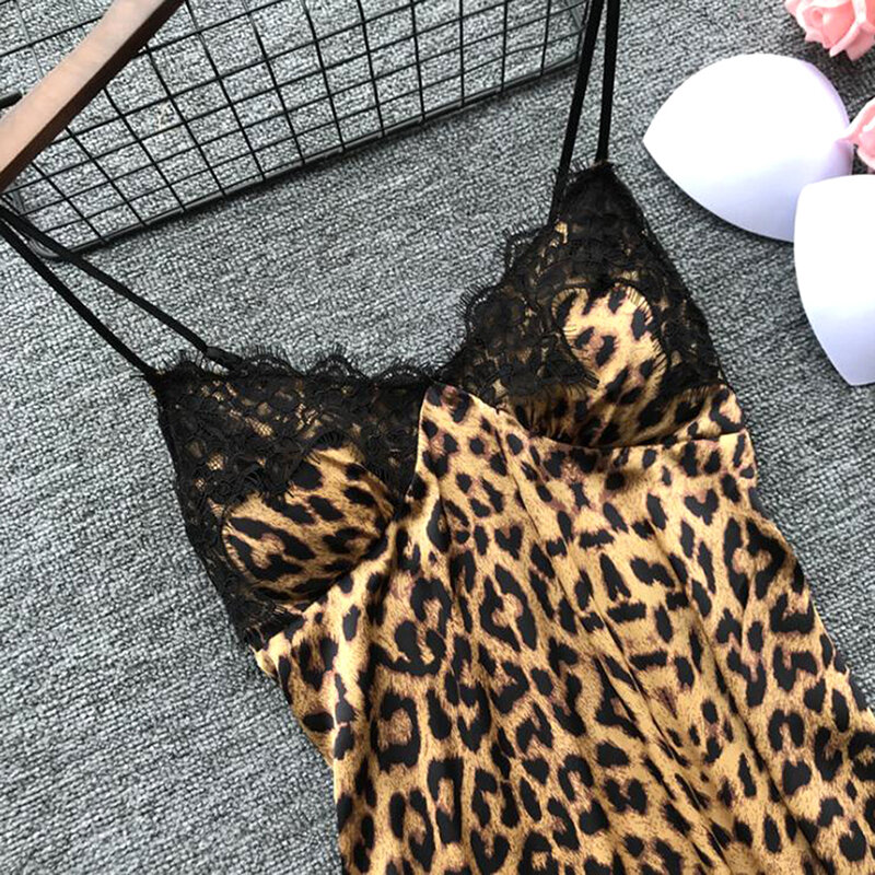 Sexy Hot Women Leopard Printed Lace Night Dress Lingerie V Neck Night Gown Summer Sleepwear Spaghetti Strap Nighty Sleep Wear