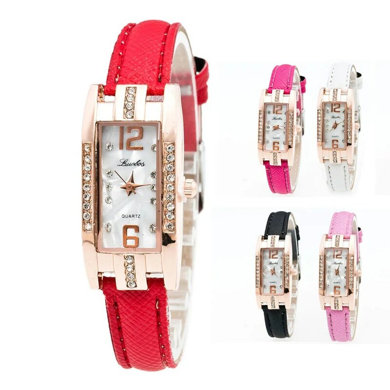 Relojes de pulsera de cuarzo con carácter para mujer, reloj de pulsera con puntero de cuero, rectangular